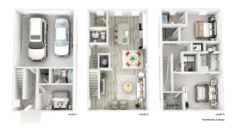 a 3d rendering of three floor plans of a house and a car